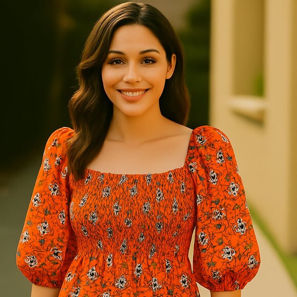 Eclair Orange Floral Smocked Peasant Boho Ditsy Blouse Size S NWOT - Picture 2 of 7